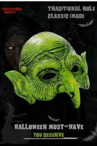 Close-up of green witch mask with realistic skin texture and wrinkles for Halloween