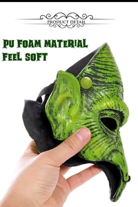 Detail showing soft PU foam material of a green monster mask for Halloween cosplay