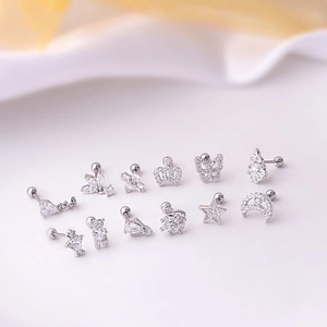 Titanium steel stud earring set featuring silver butterfly star and moon shapes with zircon