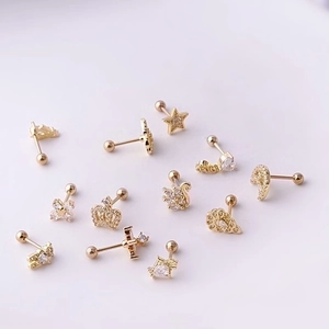 Golden 20G titanium steel studs with zircon stars, moon, and crown shapes