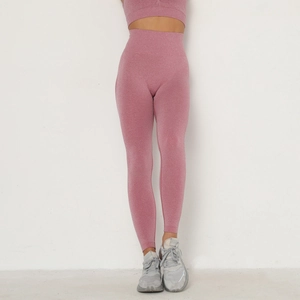 Detail of high waist seamless yoga leggings in smoky pink marl textured fabric
