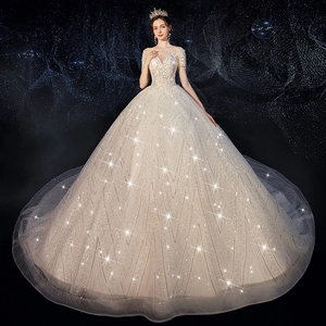 Elegant champagne lace wedding gown with sequins and luxury long train on star background