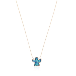 Golden necklace with blue opal angel pendant shown against a clean white background