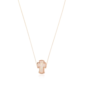Rose gold cross necklace with white opal stone inlay against a white background