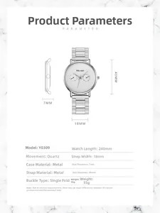 Detailed size chart and technical specifications for the slim silver metal quartz watch