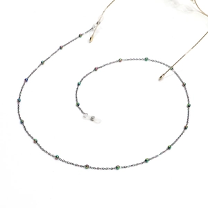 Colorful beaded eyeglass chain with dark grey metal link and anti-slip rubber loops