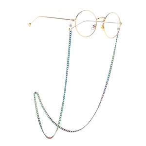 Golden round glasses with colorful anti-slip metal chain leash on white background