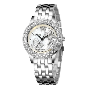 Women's silver stainless steel watch with diamond-set butterfly dial and Geneva quartz movement