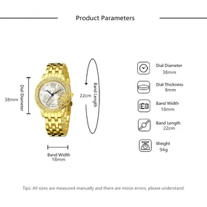 Detailed size specifications for the gold Geneva butterfly watch with diamond bezel