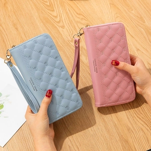 Elegant long zipper wallet for women with tassel and crown embossing in pink and blue