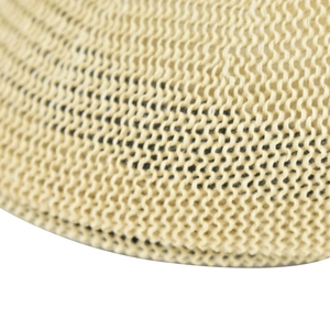 Close-up of light beige breathable mesh knit fabric on men's summer beret flat cap