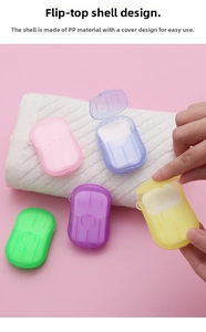 Detail of portable mini soap paper sheets in colorful flip-top cases for travel use