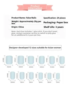Size chart showing 24 pieces of thin pink aurora press-on nails with 12 dimensions