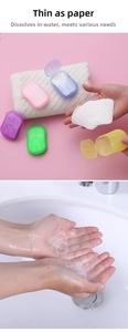 Portable soap paper sheets in five colorful cases showing lathering use for travel