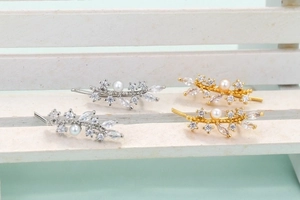 Leaf ear climber earrings in gold and silver finish with zircons and pearls