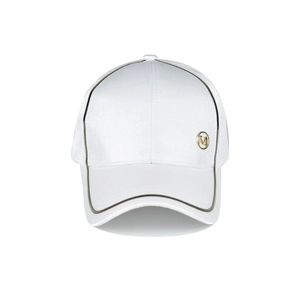 Detail of white satin baseball cap featuring a golden M logo and contrast piping