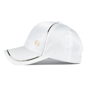 Detail of white baseball cap with golden metallic trim and a signature M letter side logo