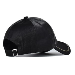 Glossy black satin baseball cap with M logo and adjustable metal buckle back view