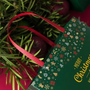 Green vintage Christmas gift bag with gold Merry Christmas print and red ribbon handles