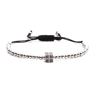 Silver bead bracelet with micro-pave square zircon charm and adjustable black cord