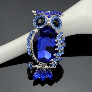 Detailed close-up of a royal blue owl brooch with crystals and hollow metal work