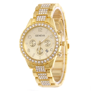 Women Fashion Quartz Watch Alloy Rhinestone Inlaid Analog Display Date Calendar Luxury Casual Wristwatch Elegant