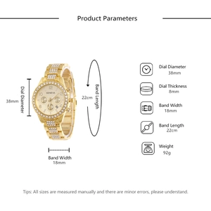Detailed size chart for the gold quartz watch featuring dimensions and rhinestone accents