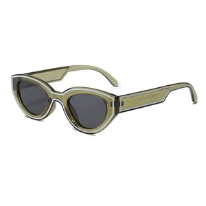 Retro cat-eye sunglasses with translucent olive green frames and white stripe details