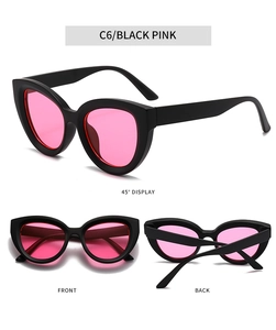 Detailed multi-angle view of cat eye sunglasses in black frame with pink lenses