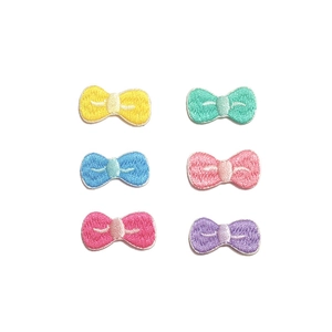 Set of six colorful mini bow tie embroidered patches for DIY crafts and doll clothing