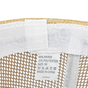 Detail of men's straw hat care label showing 65% paper and 35% polyester material