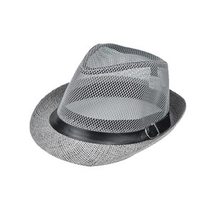 Close-up of grey linen fedora hat featuring breathable mesh crown and black decorative band