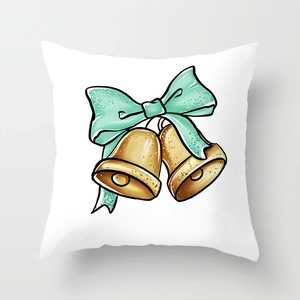 Christmas pillowcase featuring golden bells and mint green bow on white background