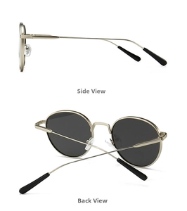 Detail view showing side and back profiles of round metal sunglasses with slim gold frame