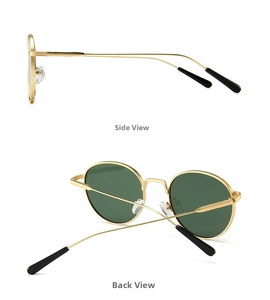 Detail view of round metal sunglasses with gold frames and dark green lenses from multiple angles
