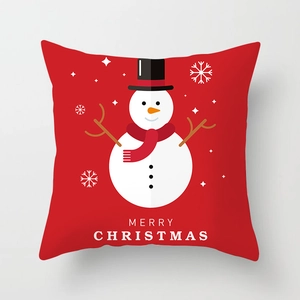 Detailed view of red Christmas pillowcase with snowman pattern and Merry Christmas text