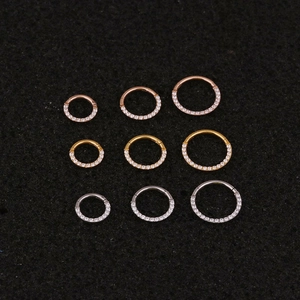 Detailed view of stainless steel clicker rings with inlaid zircons in gold and silver