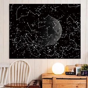 Black celestial tapestry featuring moon and star constellation map for wall decoration