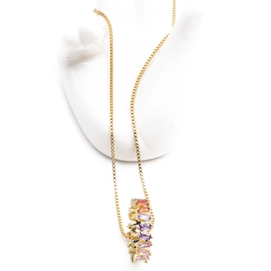 Gold box chain necklace featuring a curved pendant with vibrant multicolor rectangular stones