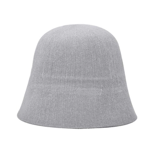 Close-up of light gray knitted bucket hat showing fine texture and clean stitching