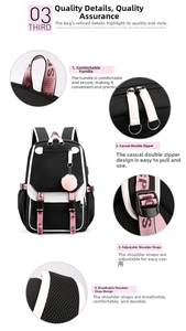 Details des Oxford-Rucksacks mit atmungsaktiven Mesh-Trägern und rosa Bandverzierungen