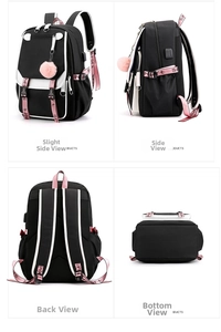 Mehrwinkelansicht des Oxford-Rucksacks mit seitlichem USB-Port und Rückengurten