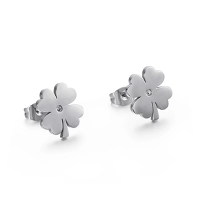 Minimalist silver titanium steel four-leaf clover stud earrings with sparkling zircons