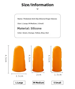 Size chart for non-slip silicone finger protectors in various sizes and colors