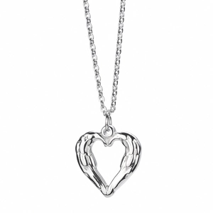 Minimalist silver heart pendant necklace with angel wing texture on white background