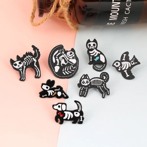 Creative vintage animal skeleton enamel pins featuring cat dog and rabbit motifs