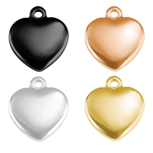 Detailed view of 14mm 3D heart-shaped charms in black, rose gold, silver and gold finishes