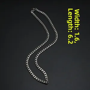 Detail view of 1.6mm wide stainless steel Cuban link chain with a polished silver finish
