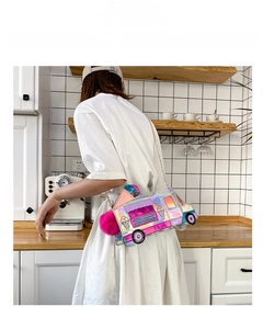 Detail of colorful laser ice cream truck crossbody bag with pink pompom and chain