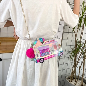 Detailed back view of laser holographic ice cream truck crossbody bag with pink fur pom